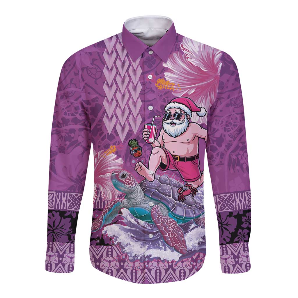 Hawaii Mele Kalikimaka Long Sleeve Button Shirt Funny Santa with Tribal Tattoos Kakau Purple Color LT03 Unisex Purple - Polynesian Pride