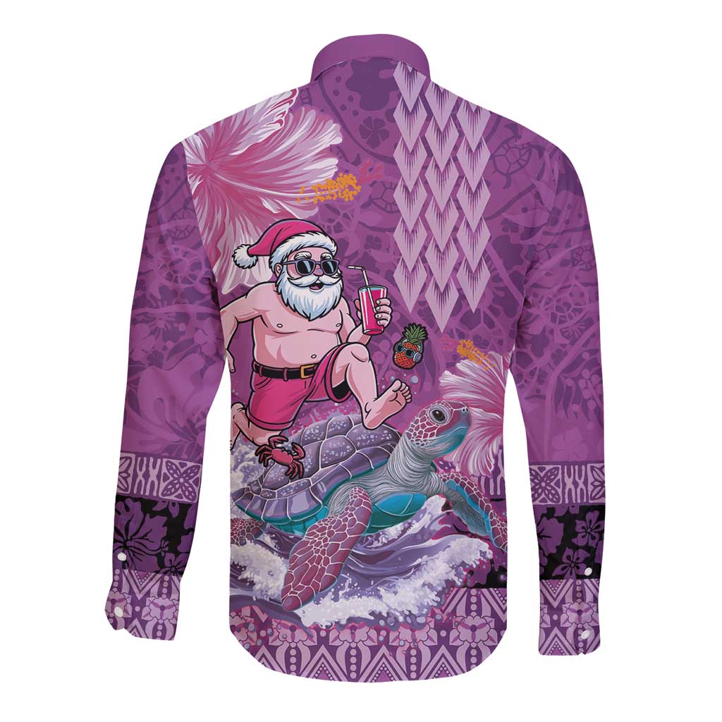 Hawaii Mele Kalikimaka Long Sleeve Button Shirt Funny Santa with Tribal Tattoos Kakau Purple Color LT03 - Polynesian Pride