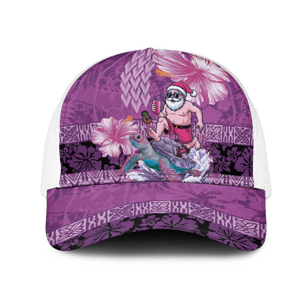 Hawaii Mele Kalikimaka Mesh Trucker Cap Funny Santa with Tribal Tattoos Kakau Purple Color - Polynesian Pride