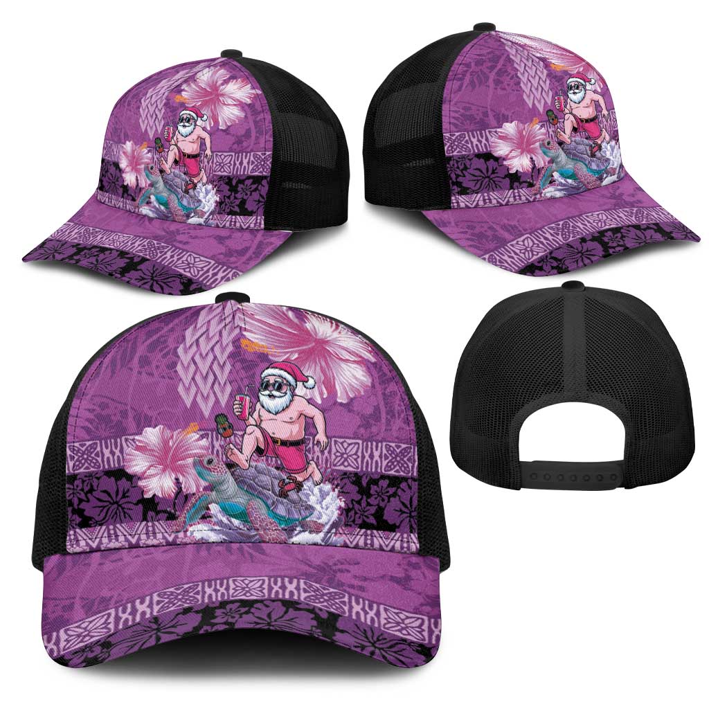 Hawaii Mele Kalikimaka Mesh Trucker Cap Funny Santa with Tribal Tattoos Kakau Purple Color LT03 - Polynesian Pride