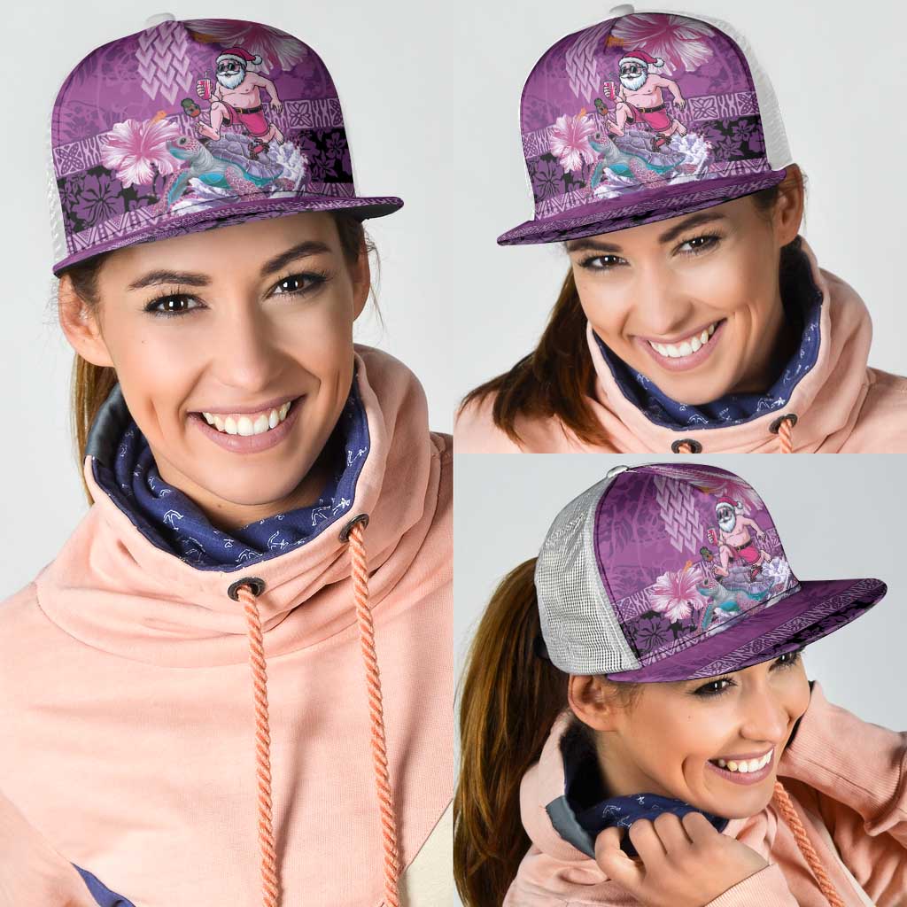 Hawaii Mele Kalikimaka Mesh Trucker Cap Funny Santa with Tribal Tattoos Kakau Purple Color LT03 - Polynesian Pride