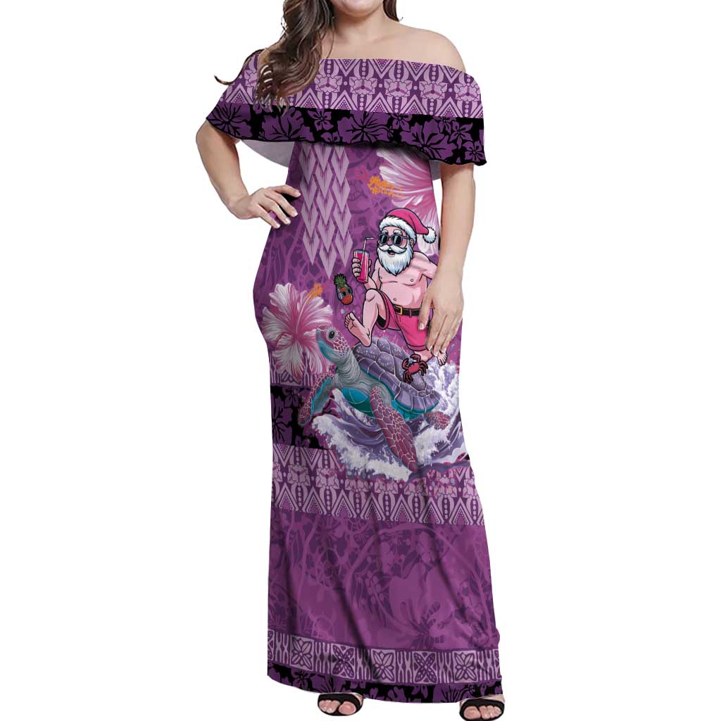 Hawaii Mele Kalikimaka Off Shoulder Maxi Dress Funny Santa with Tribal Tattoos Kakau Purple Color - Polynesian Pride
