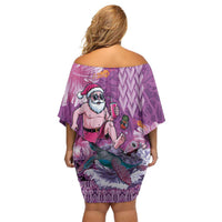 Hawaii Mele Kalikimaka Off Shoulder Short Dress Funny Santa with Tribal Tattoos Kakau Purple Color LT03 - Polynesian Pride