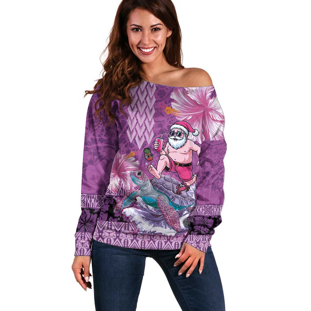 Hawaii Mele Kalikimaka Off Shoulder Sweater Funny Santa with Tribal Tattoos Kakau Purple Color LT03 Women Purple - Polynesian Pride