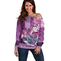 Hawaii Mele Kalikimaka Off Shoulder Sweater Funny Santa with Tribal Tattoos Kakau Purple Color LT03 Women Purple - Polynesian Pride