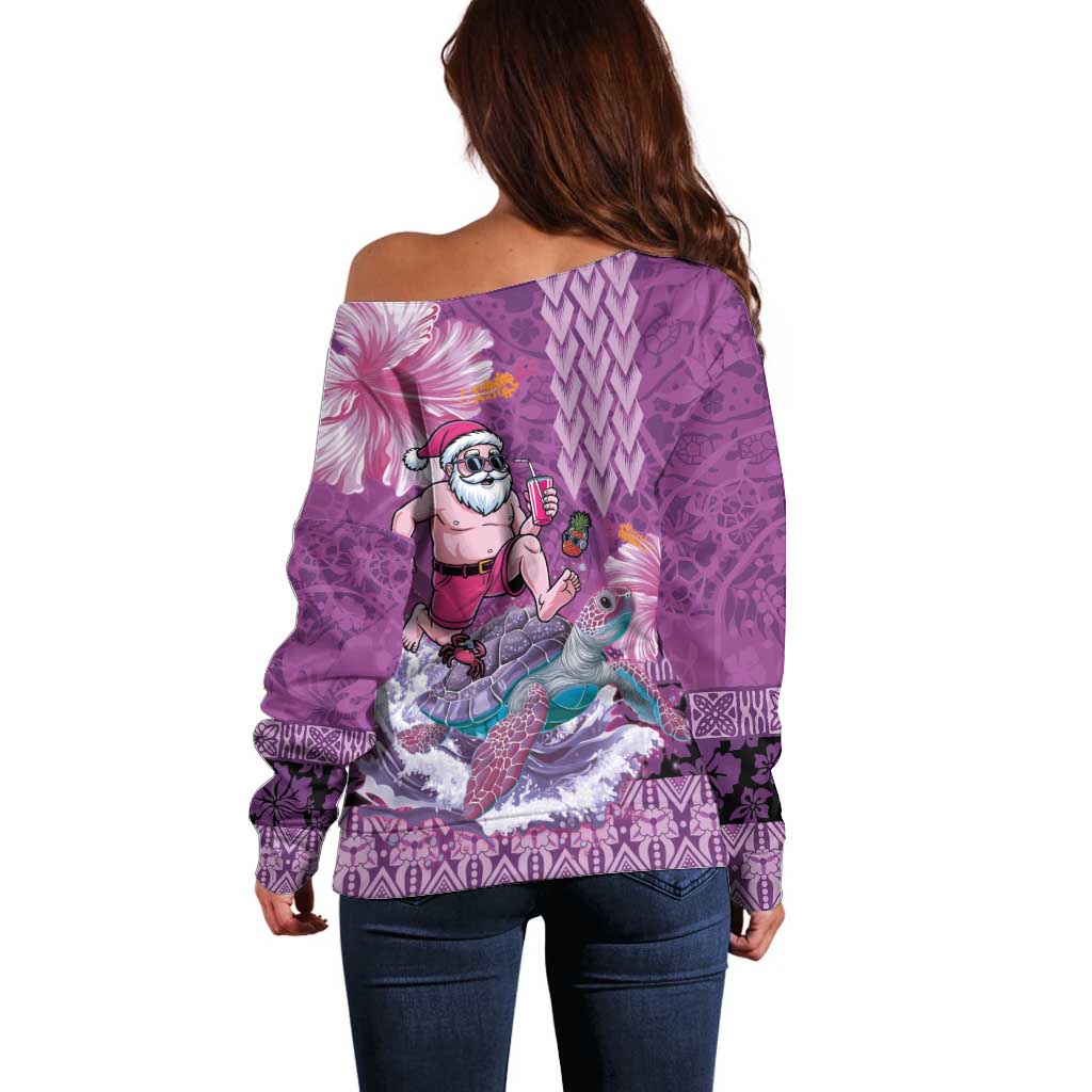 Hawaii Mele Kalikimaka Off Shoulder Sweater Funny Santa with Tribal Tattoos Kakau Purple Color LT03 - Polynesian Pride
