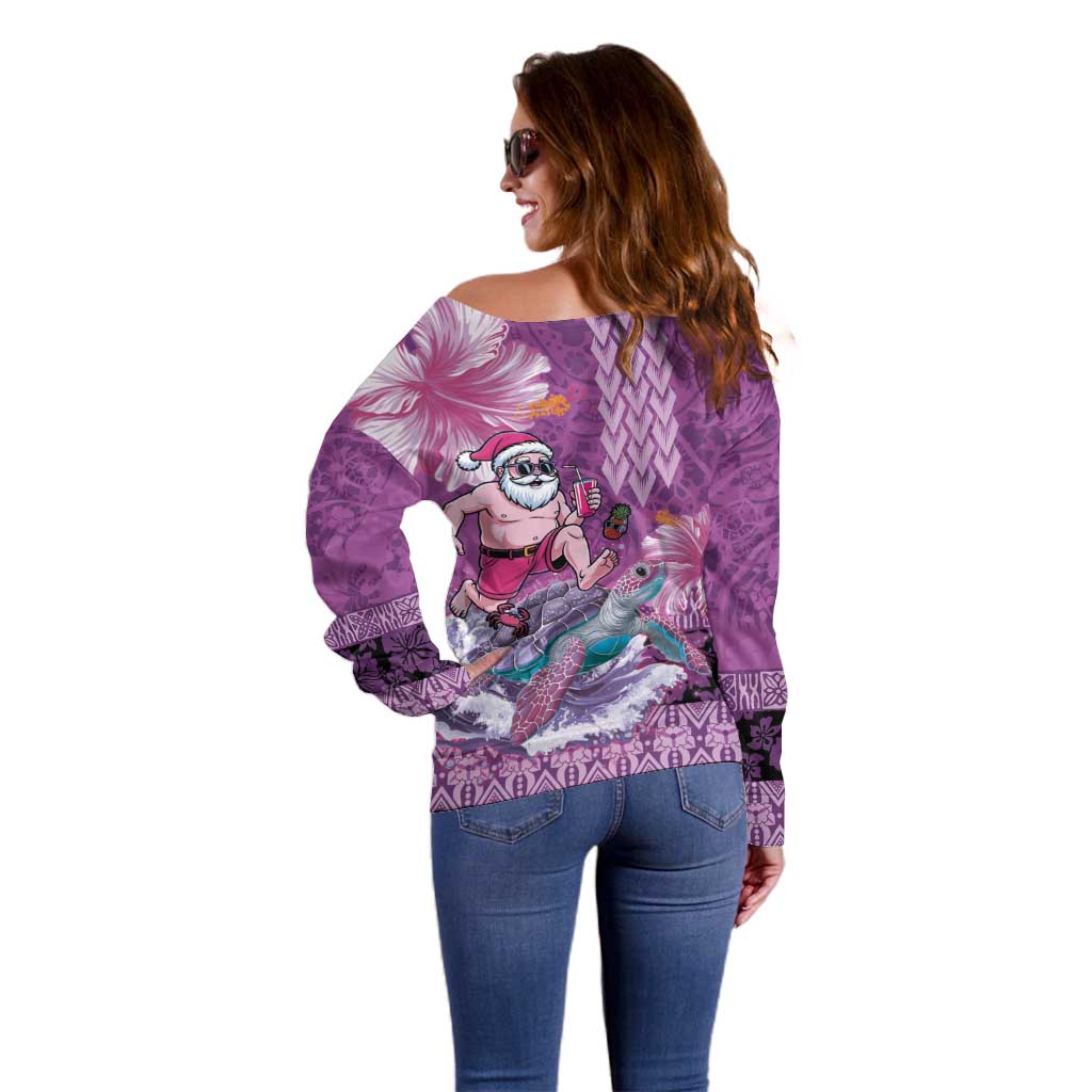 Hawaii Mele Kalikimaka Off Shoulder Sweater Funny Santa with Tribal Tattoos Kakau Purple Color LT03 - Polynesian Pride