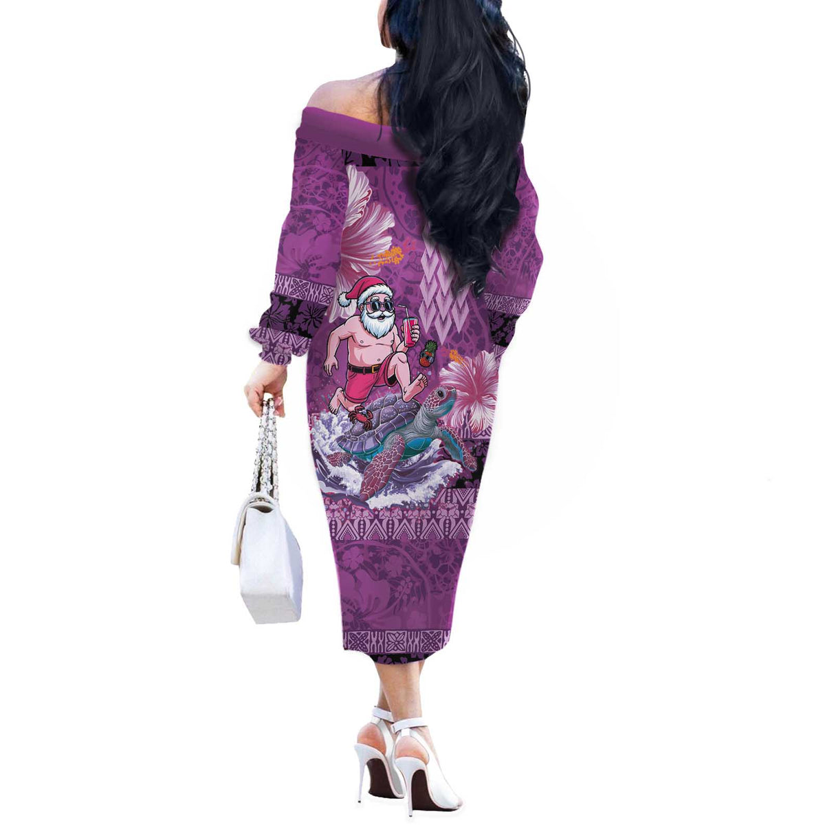 Hawaii Mele Kalikimaka Off The Shoulder Long Sleeve Dress Funny Santa with Tribal Tattoos Kakau Purple Color LT03 - Polynesian Pride
