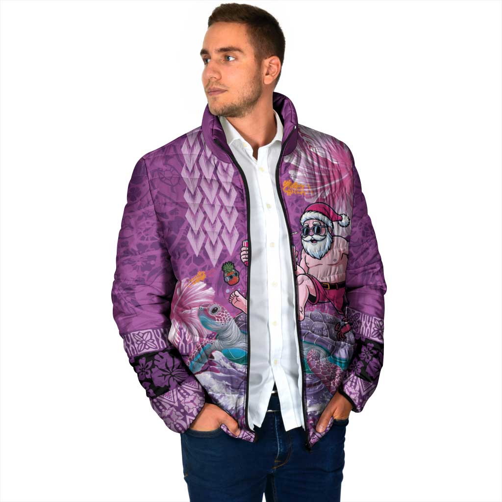 Hawaii Mele Kalikimaka Padded Jacket Funny Santa with Tribal Tattoos Kakau Purple Color LT03 - Polynesian Pride