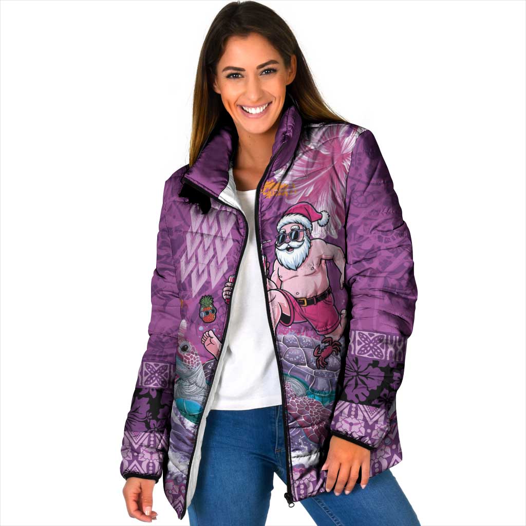 Hawaii Mele Kalikimaka Padded Jacket Funny Santa with Tribal Tattoos Kakau Purple Color LT03 Women Purple - Polynesian Pride
