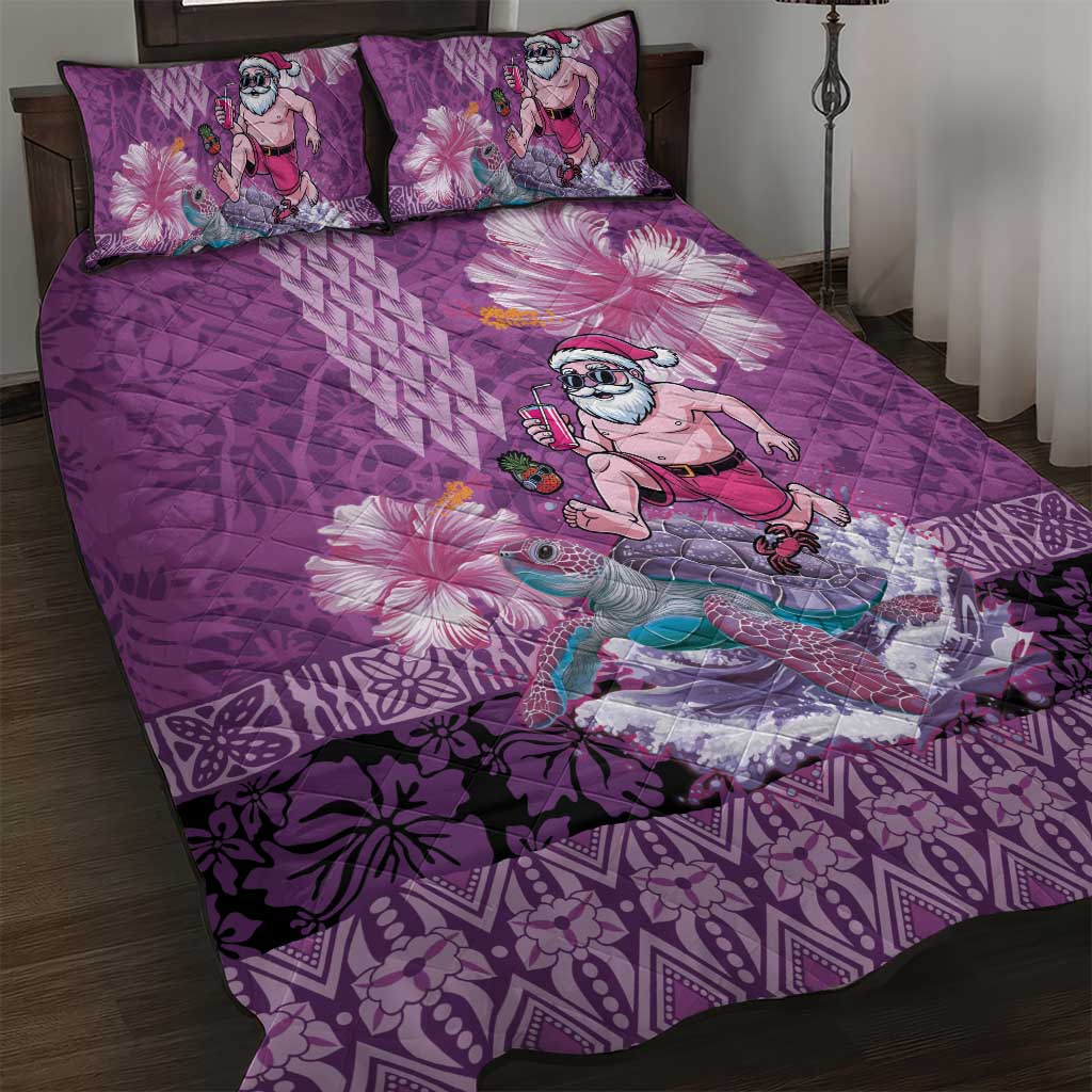 Hawaii Mele Kalikimaka Quilt Bed Set Funny Santa with Tribal Tattoos Kakau Purple Color LT03 Purple - Polynesian Pride