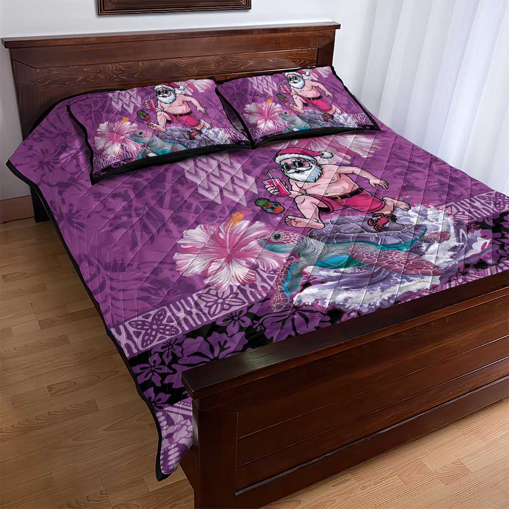 Hawaii Mele Kalikimaka Quilt Bed Set Funny Santa with Tribal Tattoos Kakau Purple Color LT03 - Polynesian Pride