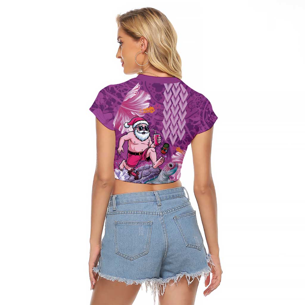 Hawaii Mele Kalikimaka Raglan Cropped T Shirt Funny Santa with Tribal Tattoos Kakau Purple Color LT03 - Polynesian Pride