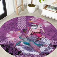 Hawaii Mele Kalikimaka Round Carpet Funny Santa with Tribal Tattoos Kakau Purple Color LT03 Purple - Polynesian Pride