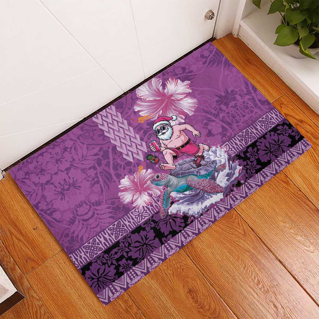 Hawaii Mele Kalikimaka Rubber Doormat Funny Santa with Tribal Tattoos Kakau Purple Color LT03 - Polynesian Pride
