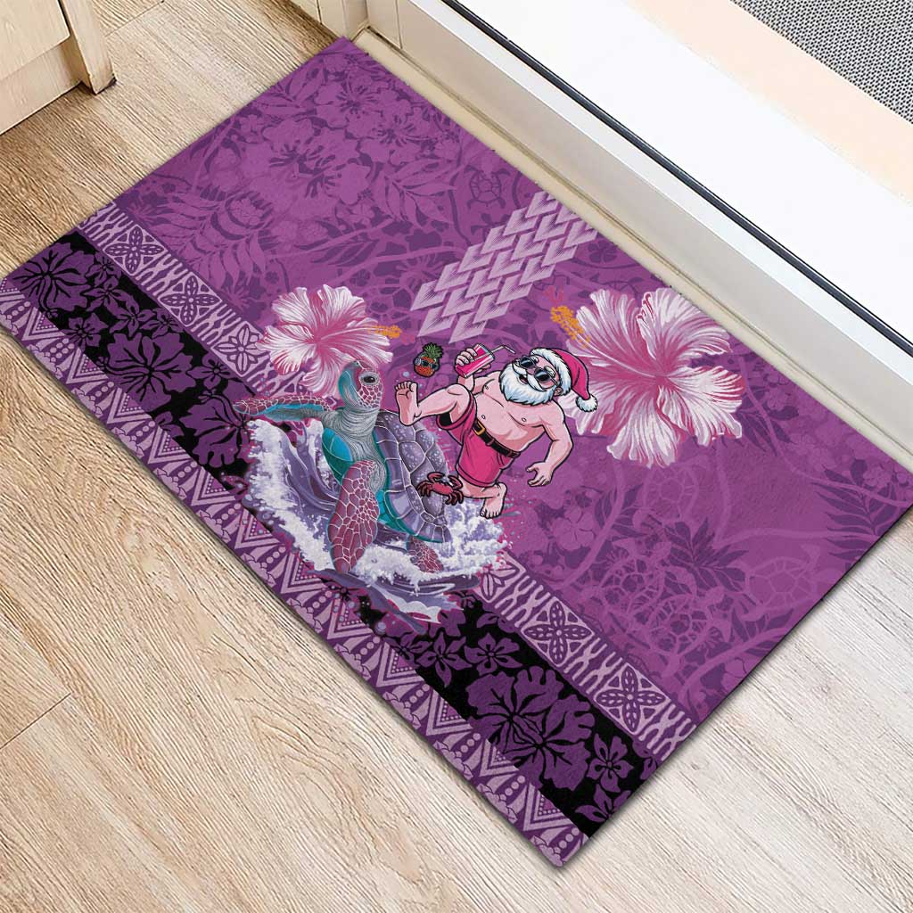 Hawaii Mele Kalikimaka Rubber Doormat Funny Santa with Tribal Tattoos Kakau Purple Color LT03 - Polynesian Pride