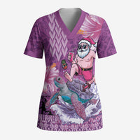Hawaii Mele Kalikimaka Scrub Top Funny Santa with Tribal Tattoos Kakau Purple Color LT03 Adult Purple - Polynesian Pride