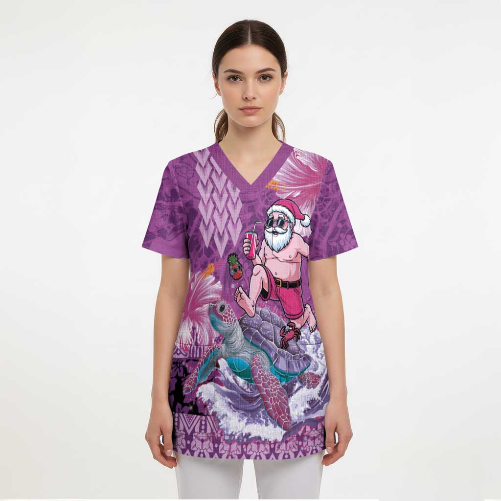 Hawaii Mele Kalikimaka Scrub Top Funny Santa with Tribal Tattoos Kakau Purple Color LT03 - Polynesian Pride