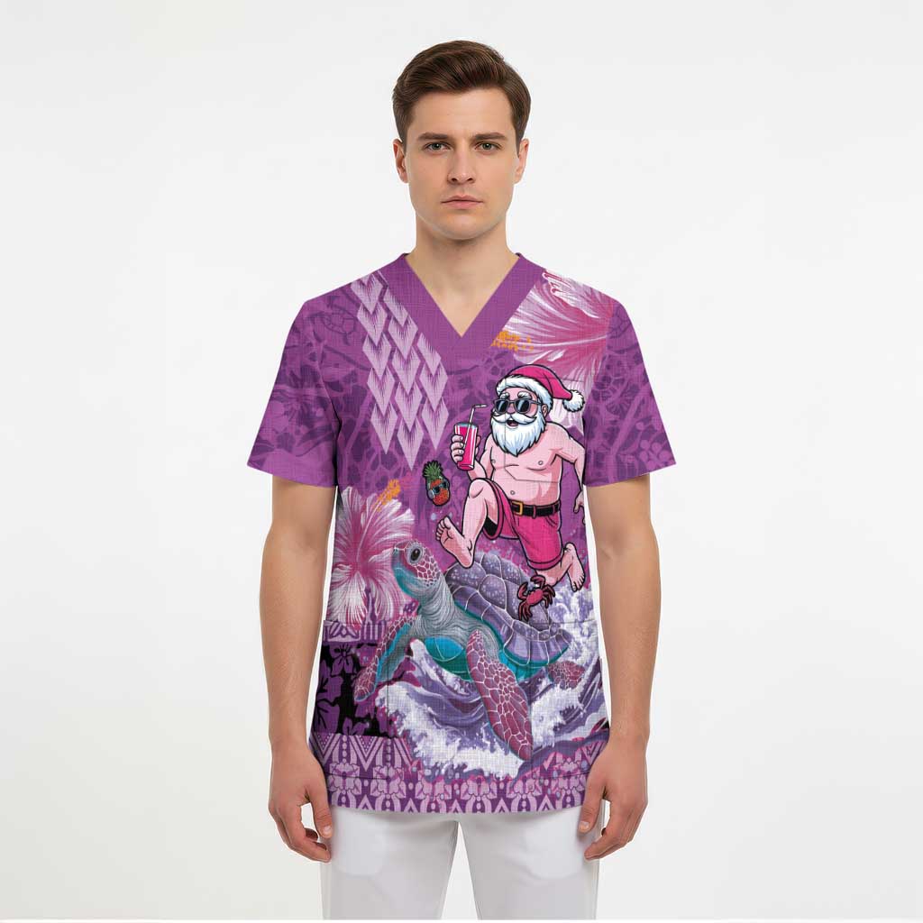 Hawaii Mele Kalikimaka Scrub Top Funny Santa with Tribal Tattoos Kakau Purple Color LT03 - Polynesian Pride