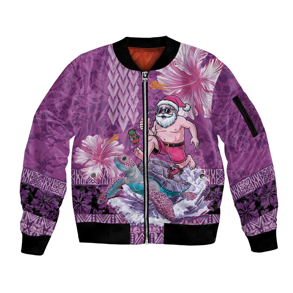 Hawaii Mele Kalikimaka Sleeve Zip Bomber Jacket Funny Santa with Tribal Tattoos Kakau Purple Color LT03 Unisex Purple - Polynesian Pride