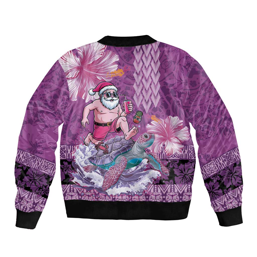 Hawaii Mele Kalikimaka Sleeve Zip Bomber Jacket Funny Santa with Tribal Tattoos Kakau Purple Color LT03 - Polynesian Pride