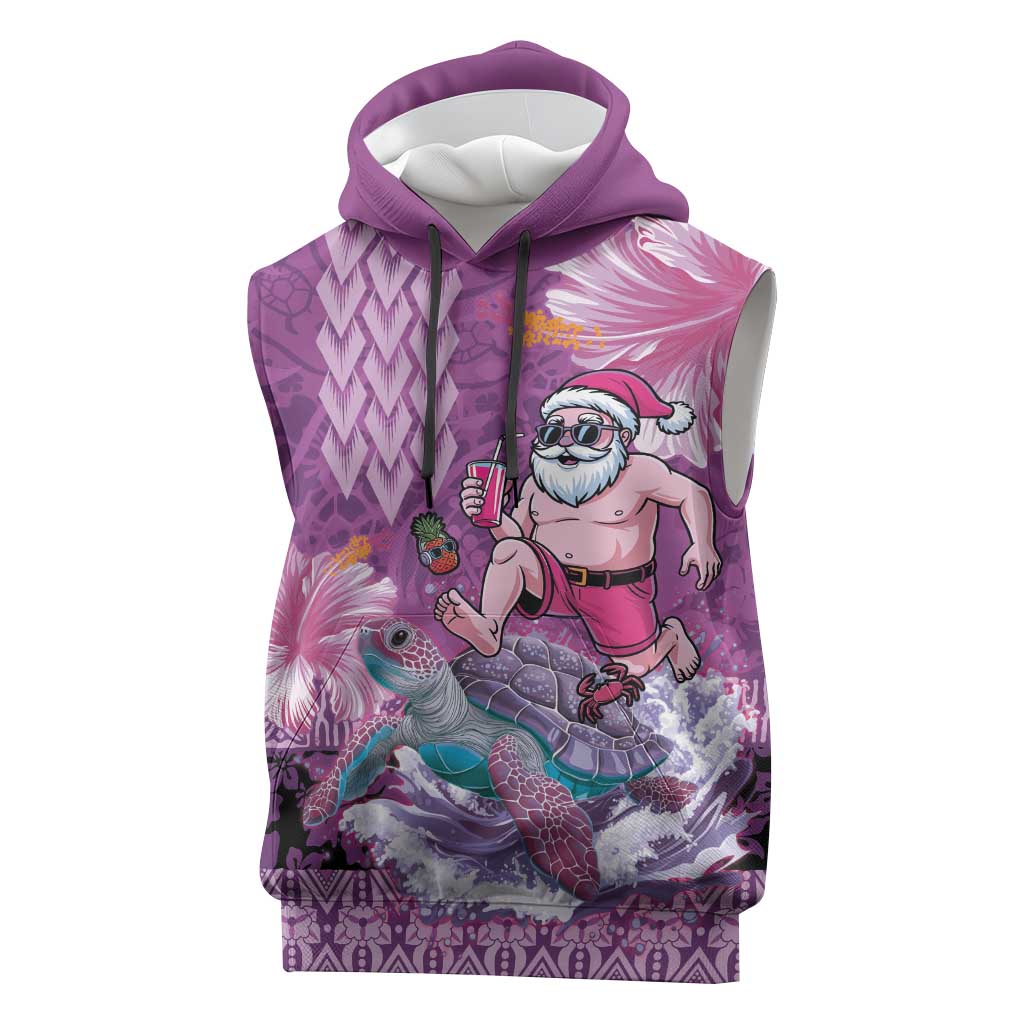 Hawaii Mele Kalikimaka Sleeveless Hoodie Funny Santa with Tribal Tattoos Kakau Purple Color - Polynesian Pride