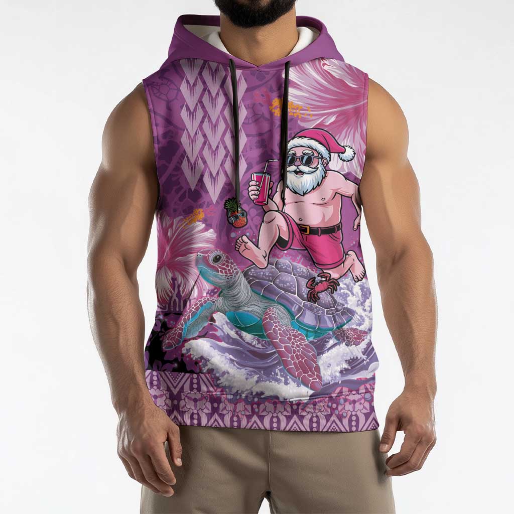 Hawaii Mele Kalikimaka Sleeveless Hoodie Funny Santa with Tribal Tattoos Kakau Purple Color LT03 - Polynesian Pride