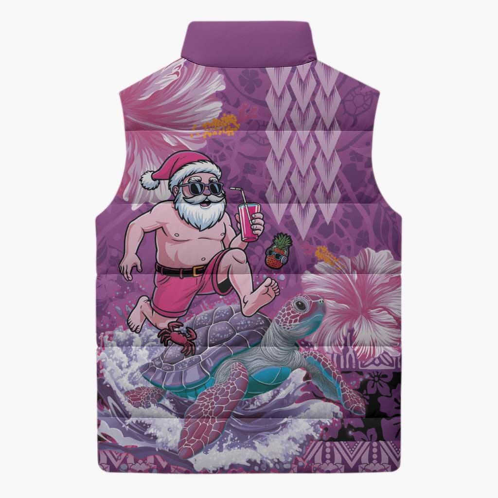 Hawaii Mele Kalikimaka Sleeveless Puffer Jacket Funny Santa with Tribal Tattoos Kakau Purple Color LT03 - Polynesian Pride