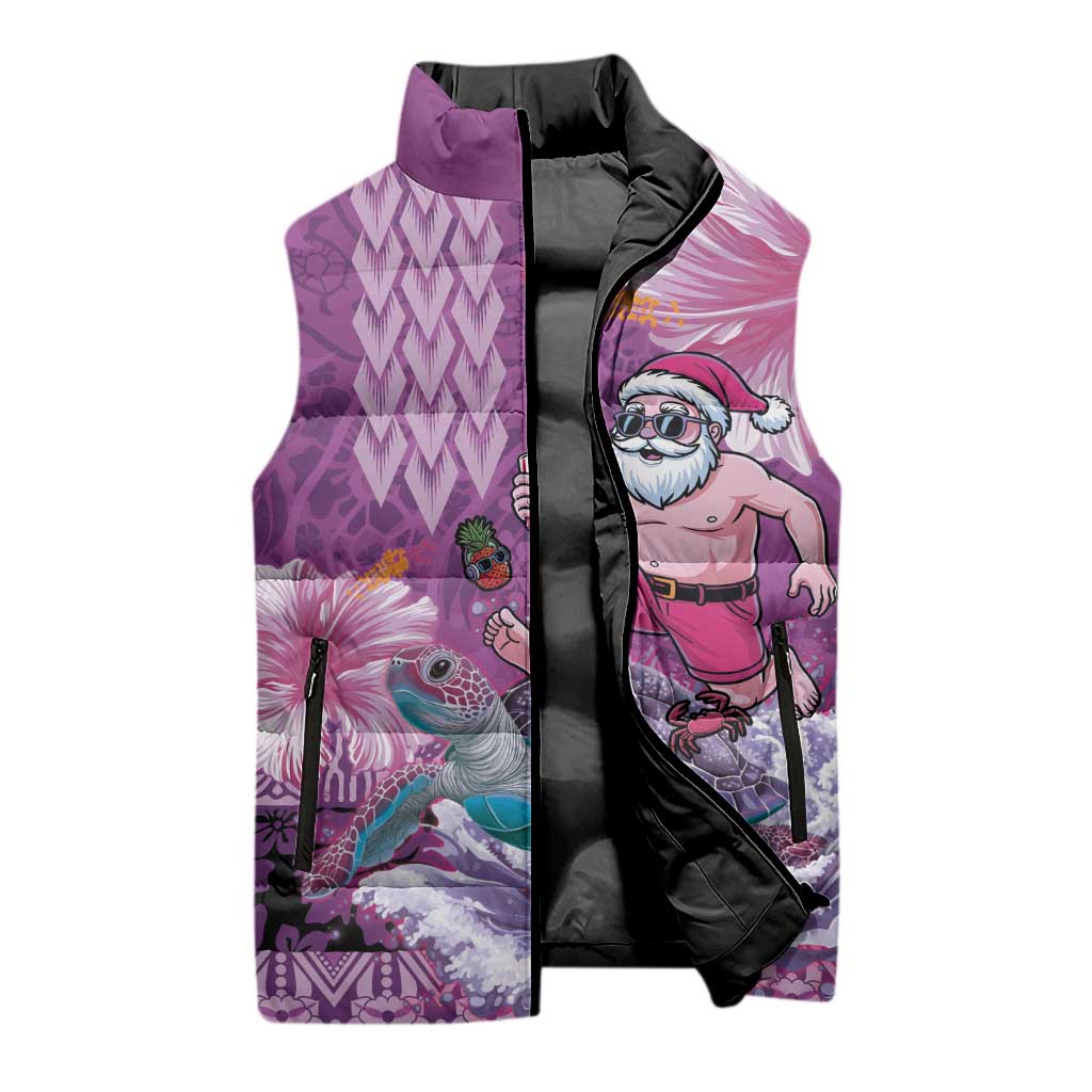 Hawaii Mele Kalikimaka Sleeveless Puffer Jacket Funny Santa with Tribal Tattoos Kakau Purple Color LT03 - Polynesian Pride