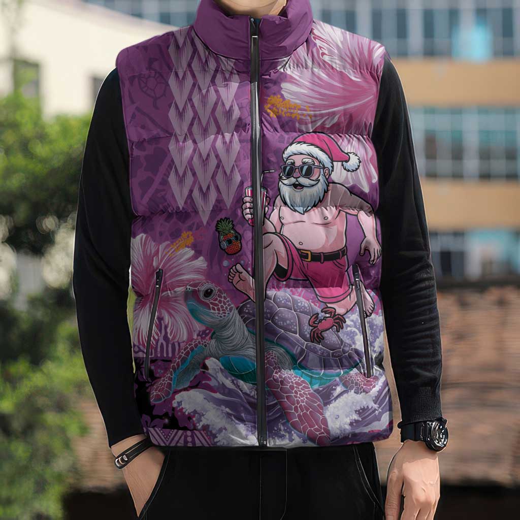 Hawaii Mele Kalikimaka Sleeveless Puffer Jacket Funny Santa with Tribal Tattoos Kakau Purple Color LT03 - Polynesian Pride