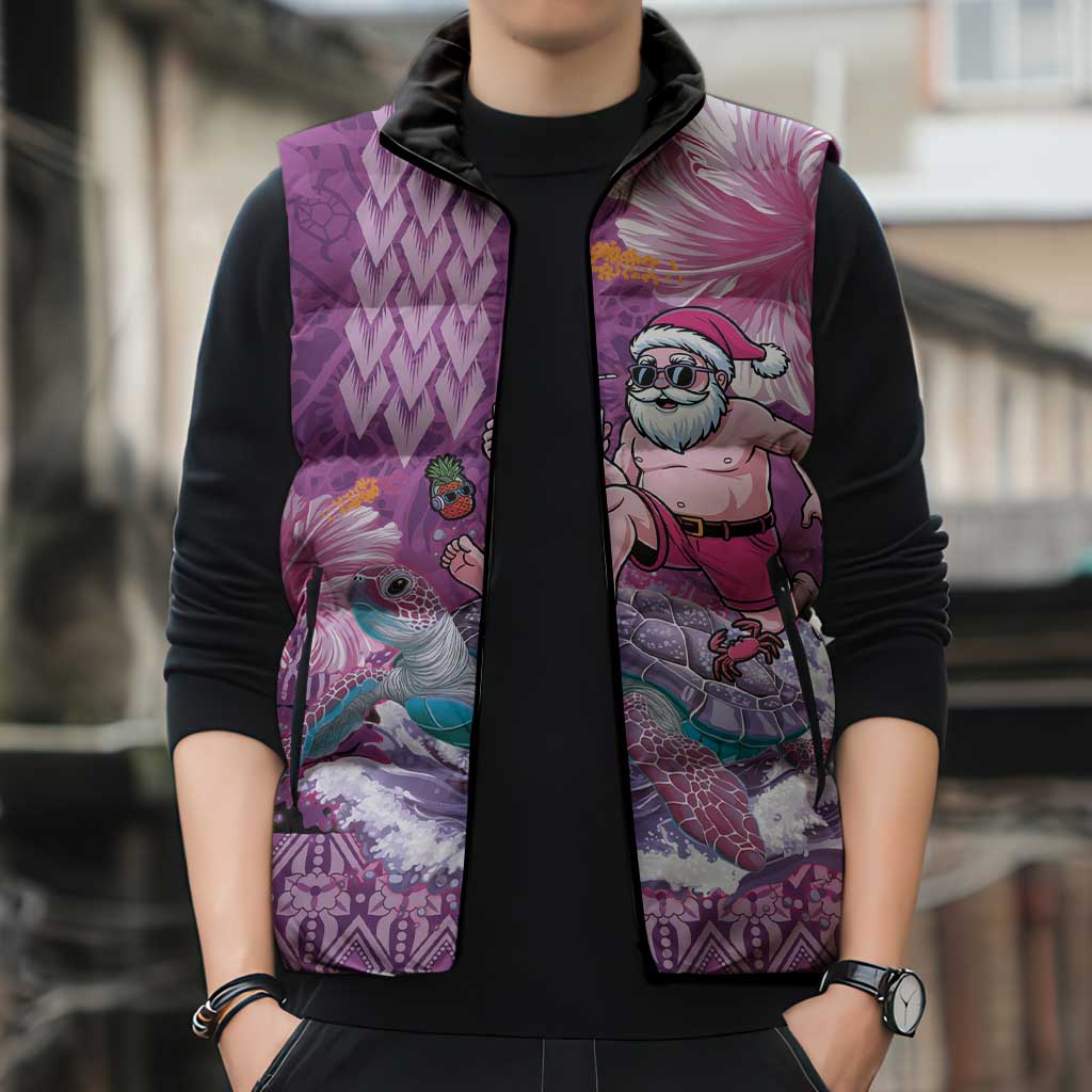 Hawaii Mele Kalikimaka Sleeveless Puffer Jacket Funny Santa with Tribal Tattoos Kakau Purple Color LT03 - Polynesian Pride
