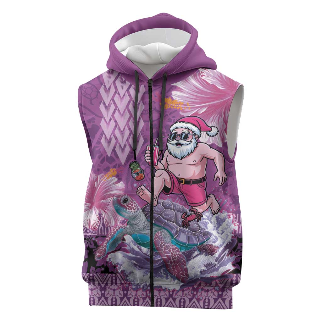Hawaii Mele Kalikimaka Sleeveless Zip Hoodie Funny Santa with Tribal Tattoos Kakau Purple Color - Polynesian Pride