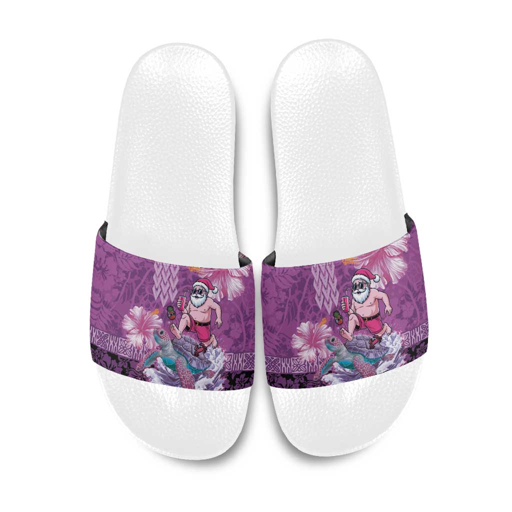 Hawaii Mele Kalikimaka Slide Sandals Funny Santa with Tribal Tattoos Kakau Purple Color LT03 Purple - Polynesian Pride
