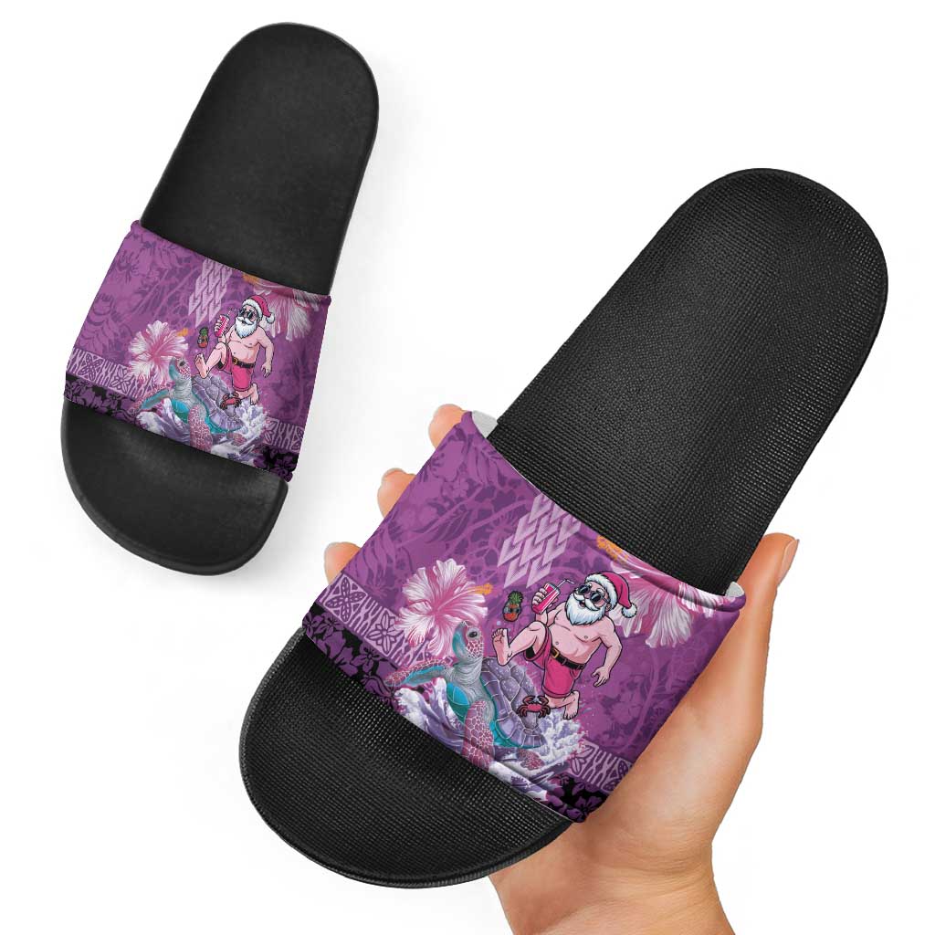 Hawaii Mele Kalikimaka Slide Sandals Funny Santa with Tribal Tattoos Kakau Purple Color LT03 - Polynesian Pride
