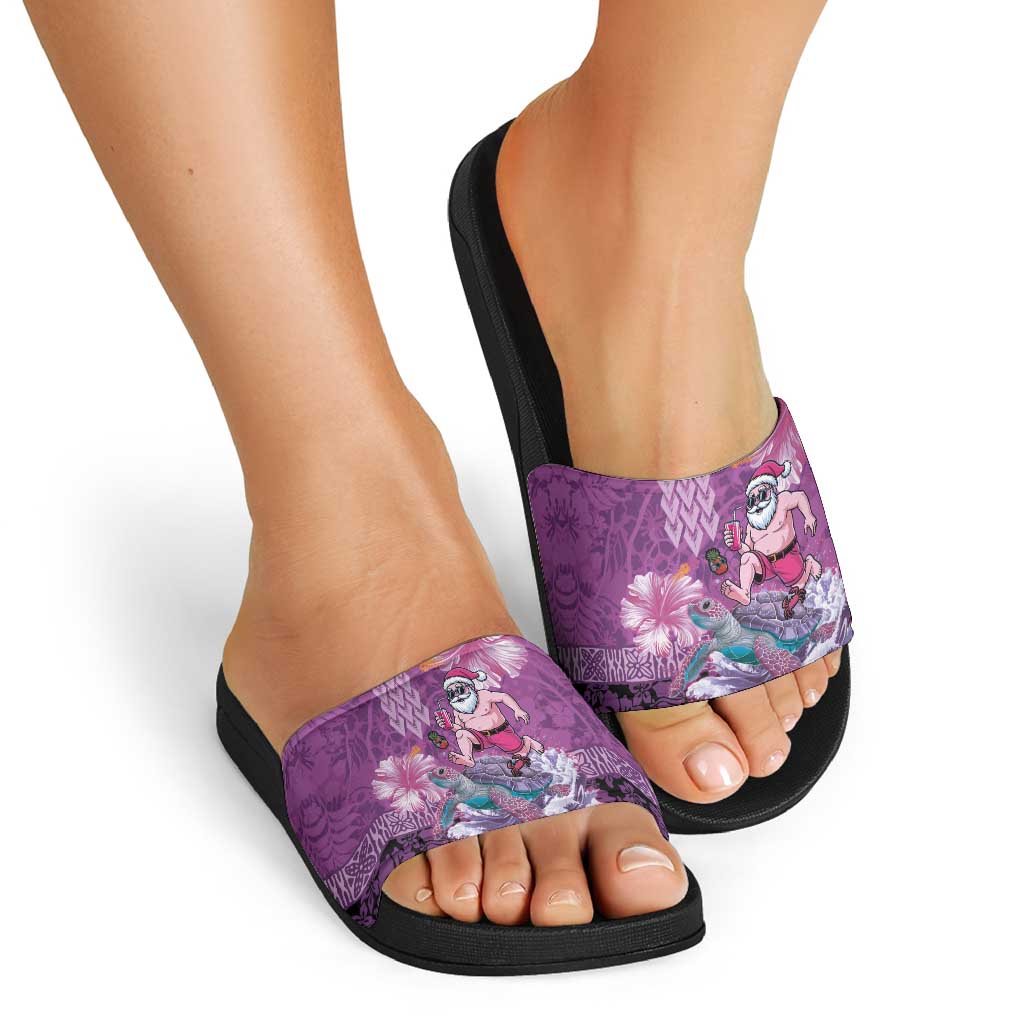 Hawaii Mele Kalikimaka Slide Sandals Funny Santa with Tribal Tattoos Kakau Purple Color LT03 - Polynesian Pride