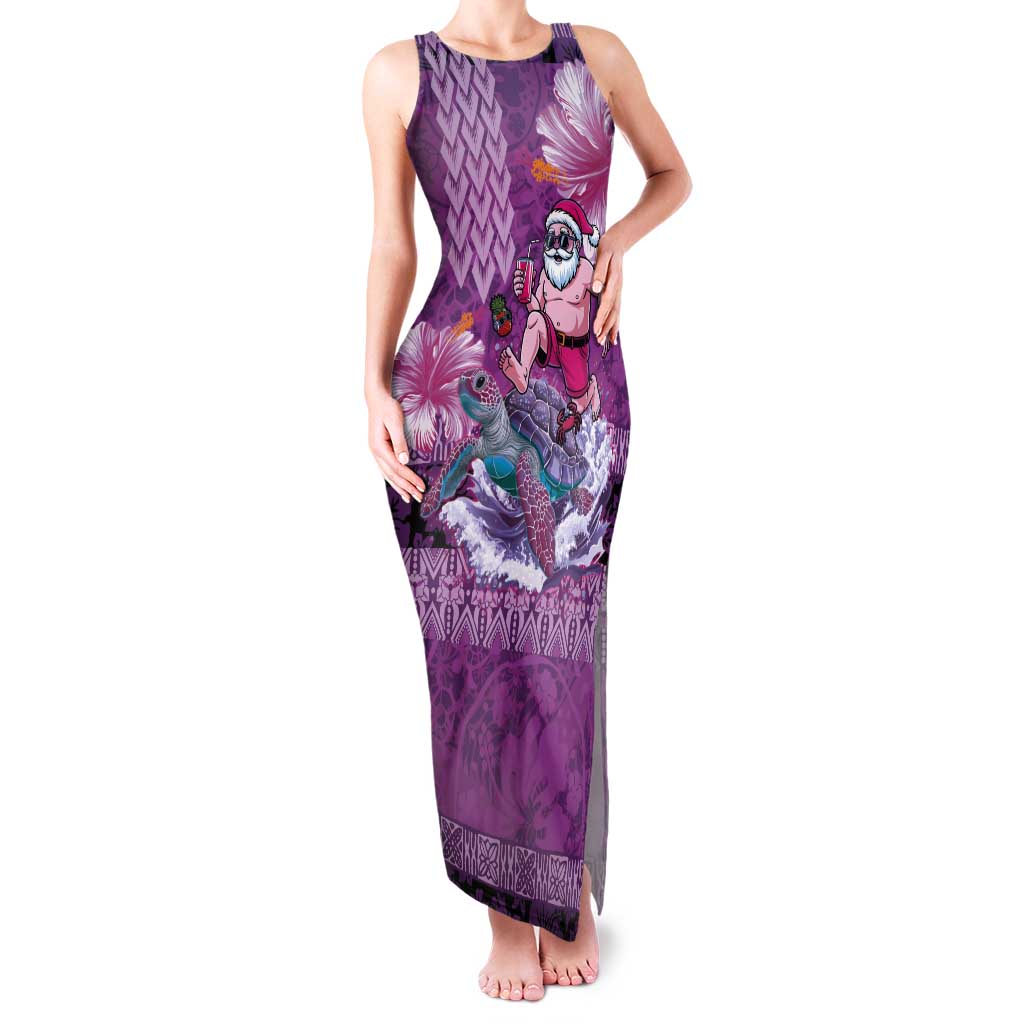 Hawaii Mele Kalikimaka Tank Maxi Dress Funny Santa with Tribal Tattoos Kakau Purple Color - Polynesian Pride