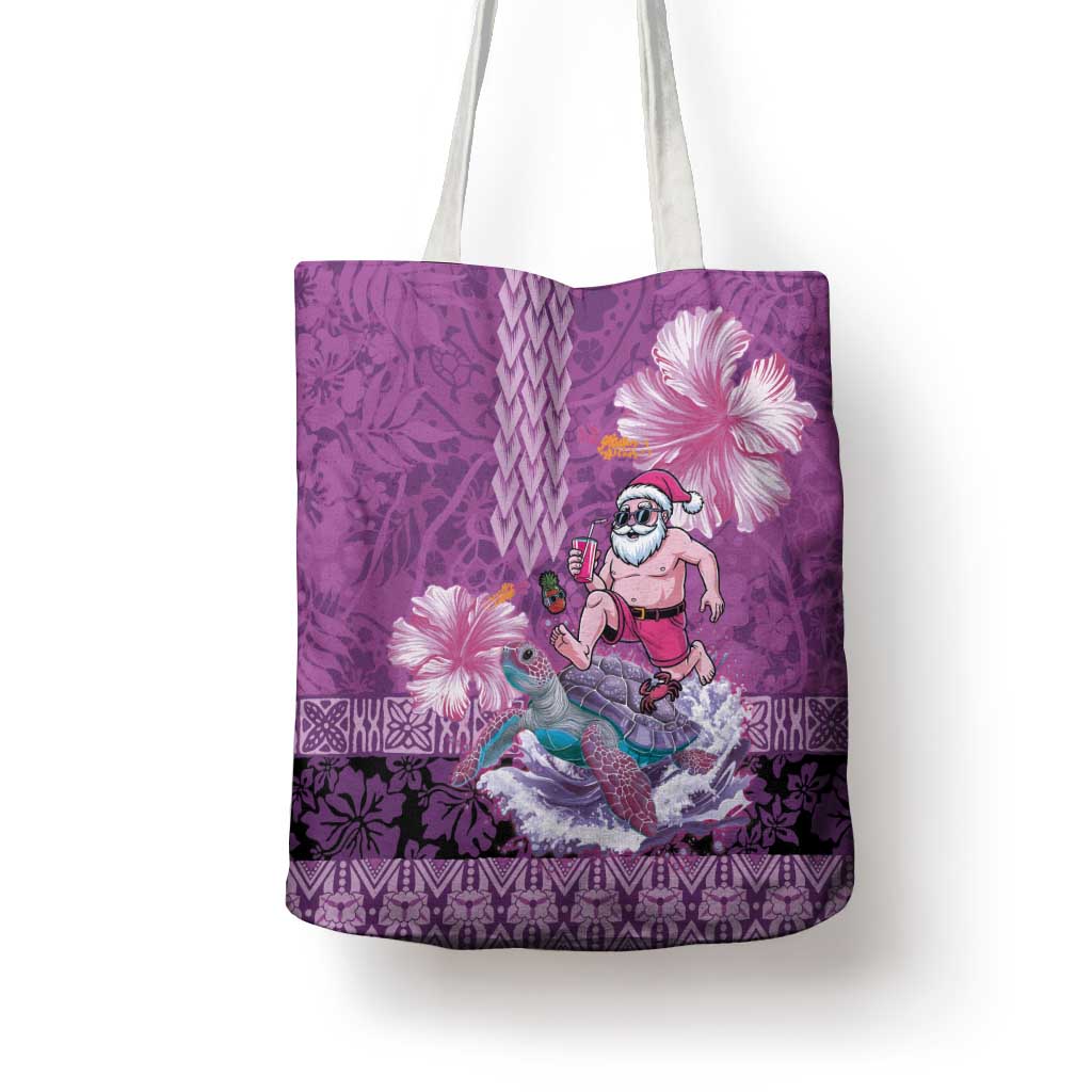Hawaii Mele Kalikimaka Tote Bag Funny Santa with Tribal Tattoos Kakau Purple Color LT03 - Polynesian Pride