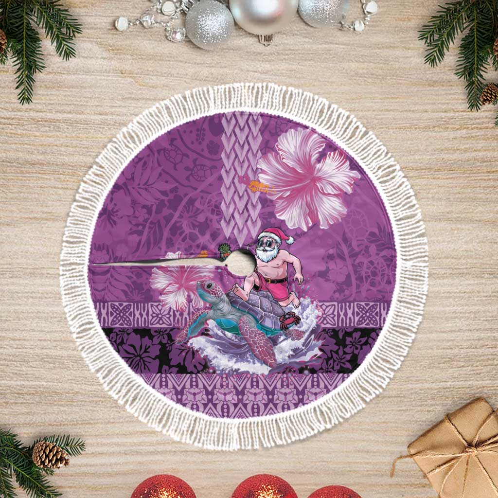 Hawaii Mele Kalikimaka Tree Skirt Funny Santa with Tribal Tattoos Kakau Purple Color LT03 Fringed Purple - Polynesian Pride