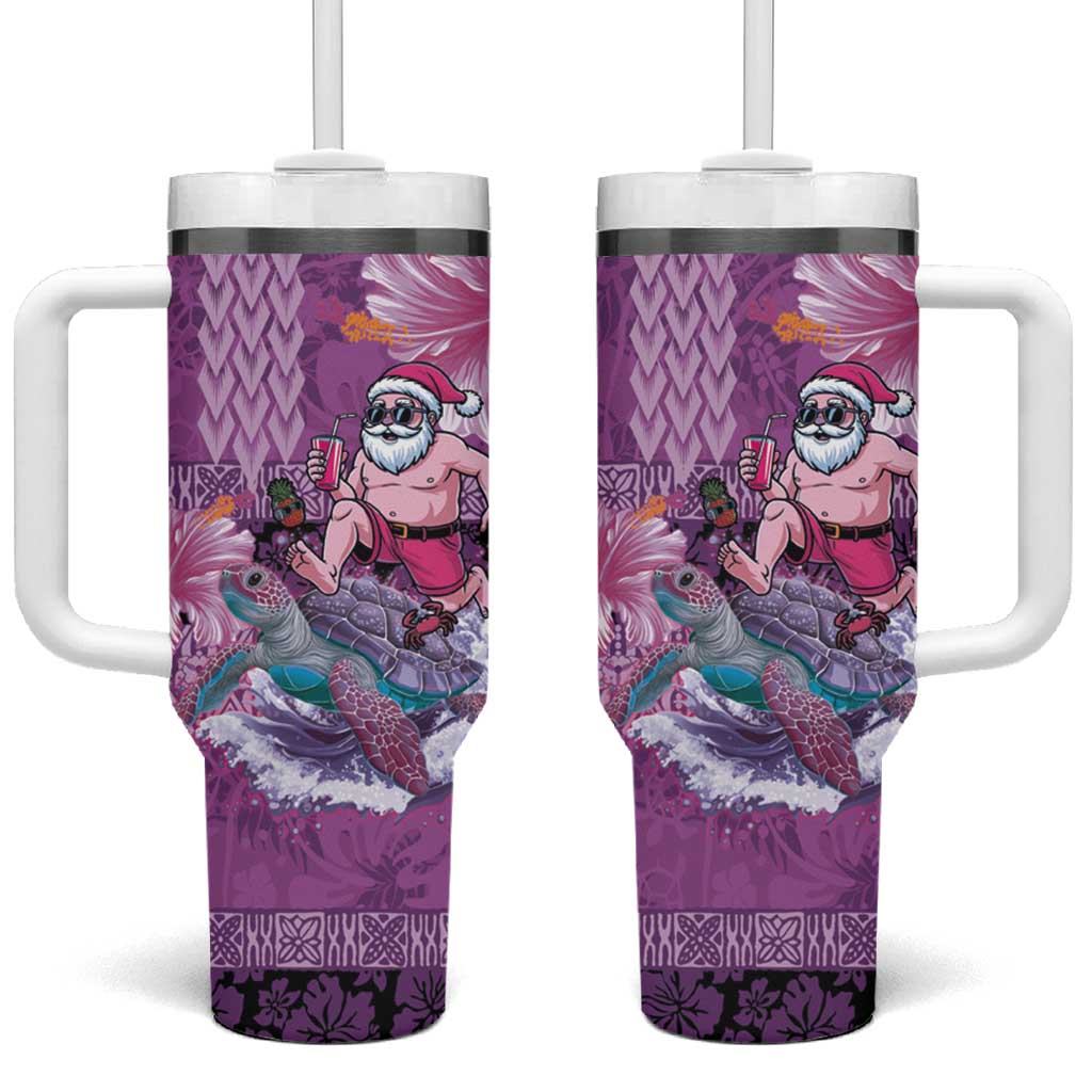 Hawaii Mele Kalikimaka Tumbler With Handle Funny Santa with Tribal Tattoos Kakau Purple Color LT03 One Size: 40 oz Purple - Polynesian Pride
