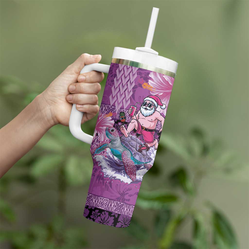 Hawaii Mele Kalikimaka Tumbler With Handle Funny Santa with Tribal Tattoos Kakau Purple Color LT03 - Polynesian Pride