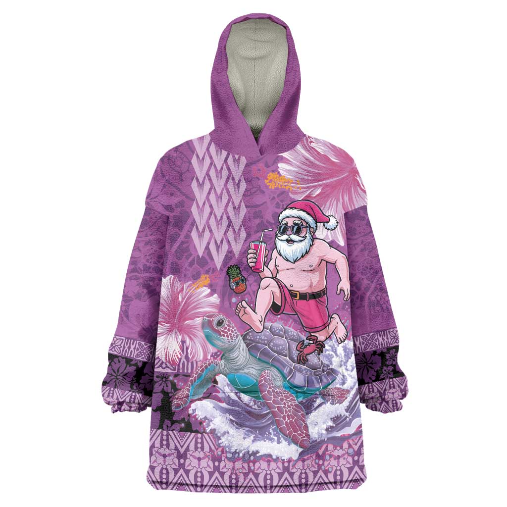 Hawaii Mele Kalikimaka Wearable Blanket Hoodie Funny Santa with Tribal Tattoos Kakau Purple Color LT03 One Size Purple - Polynesian Pride