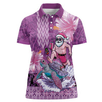 Hawaii Mele Kalikimaka Women Polo Shirt Funny Santa with Tribal Tattoos Kakau Purple Color LT03 Female Purple - Polynesian Pride