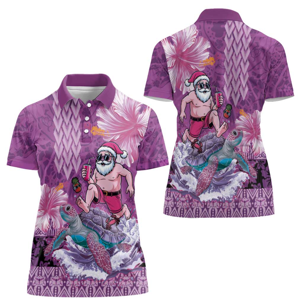 Hawaii Mele Kalikimaka Women Polo Shirt Funny Santa with Tribal Tattoos Kakau Purple Color LT03 - Polynesian Pride