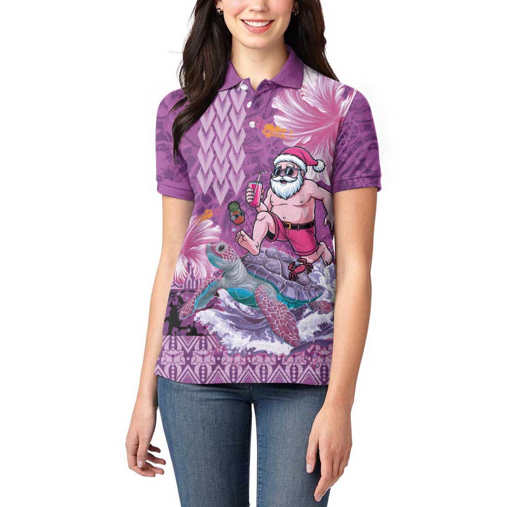 Hawaii Mele Kalikimaka Women Polo Shirt Funny Santa with Tribal Tattoos Kakau Purple Color LT03 - Polynesian Pride