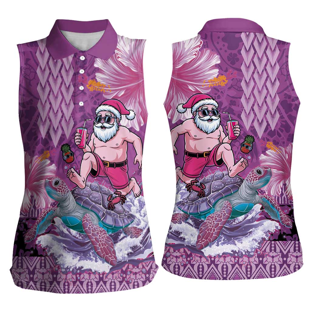 Hawaii Mele Kalikimaka Women Sleeveless Polo Shirt Funny Santa with Tribal Tattoos Kakau Purple Color LT03 - Polynesian Pride