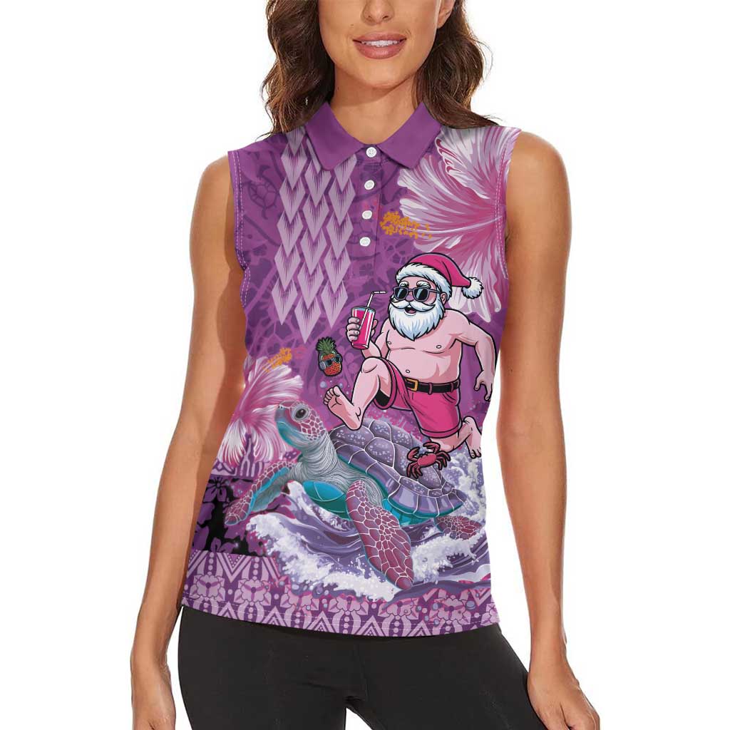 Hawaii Mele Kalikimaka Women Sleeveless Polo Shirt Funny Santa with Tribal Tattoos Kakau Purple Color LT03 - Polynesian Pride