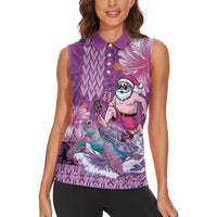 Hawaii Mele Kalikimaka Women Sleeveless Polo Shirt Funny Santa with Tribal Tattoos Kakau Purple Color LT03 - Polynesian Pride