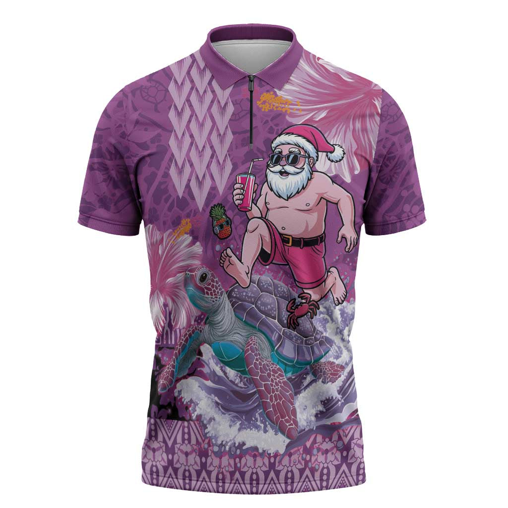 Hawaii Mele Kalikimaka Zipper Polo Shirt Funny Santa with Tribal Tattoos Kakau Purple Color LT03 Purple - Polynesian Pride