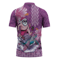 Hawaii Mele Kalikimaka Zipper Polo Shirt Funny Santa with Tribal Tattoos Kakau Purple Color LT03 - Polynesian Pride