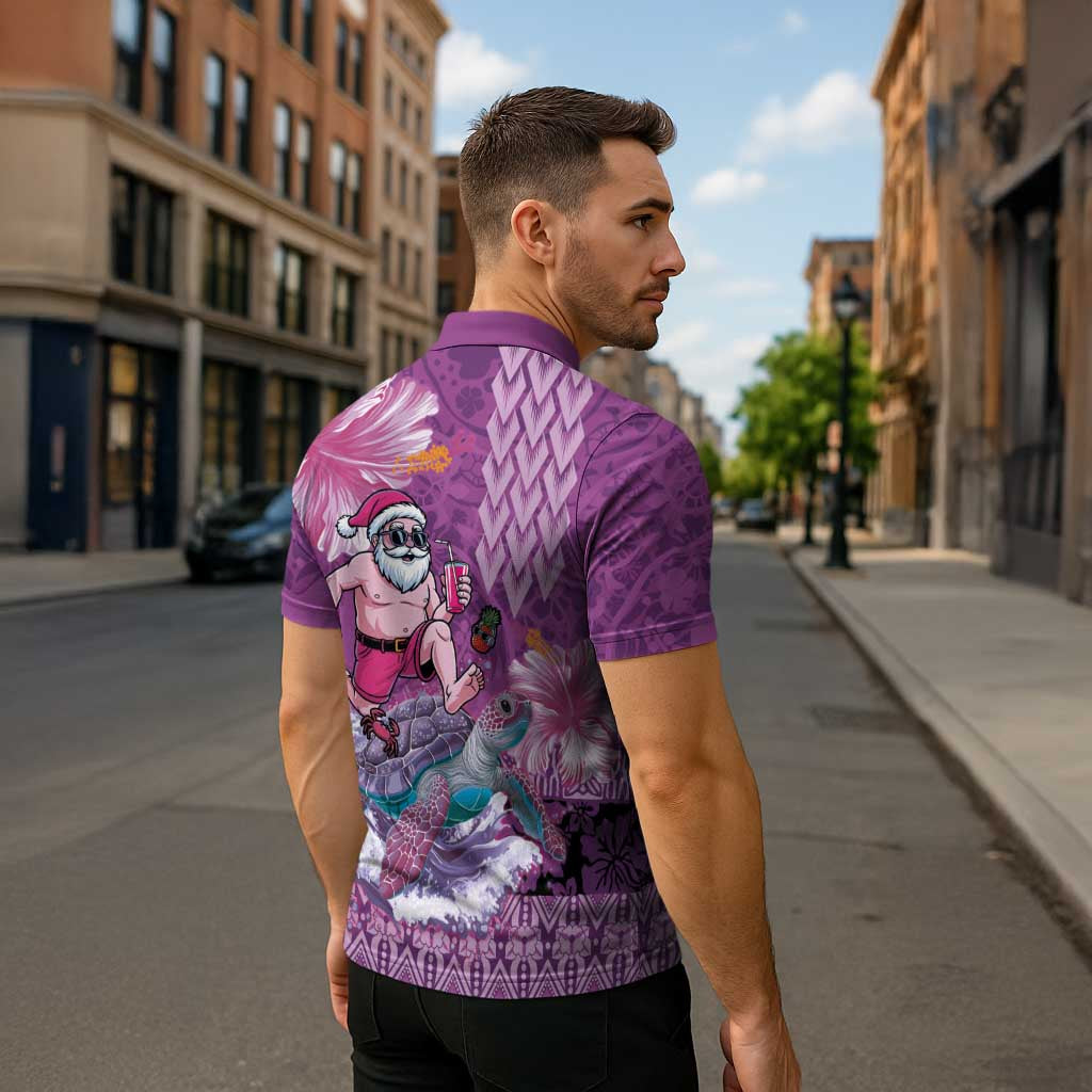 Hawaii Mele Kalikimaka Zipper Polo Shirt Funny Santa with Tribal Tattoos Kakau Purple Color LT03 - Polynesian Pride